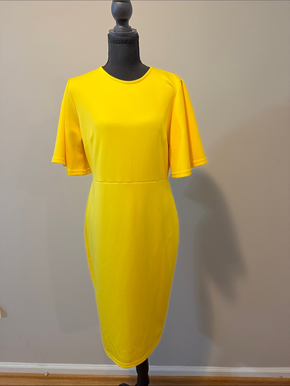 Bright Yellow Midi Sheath Dress with Flutter Sleeves